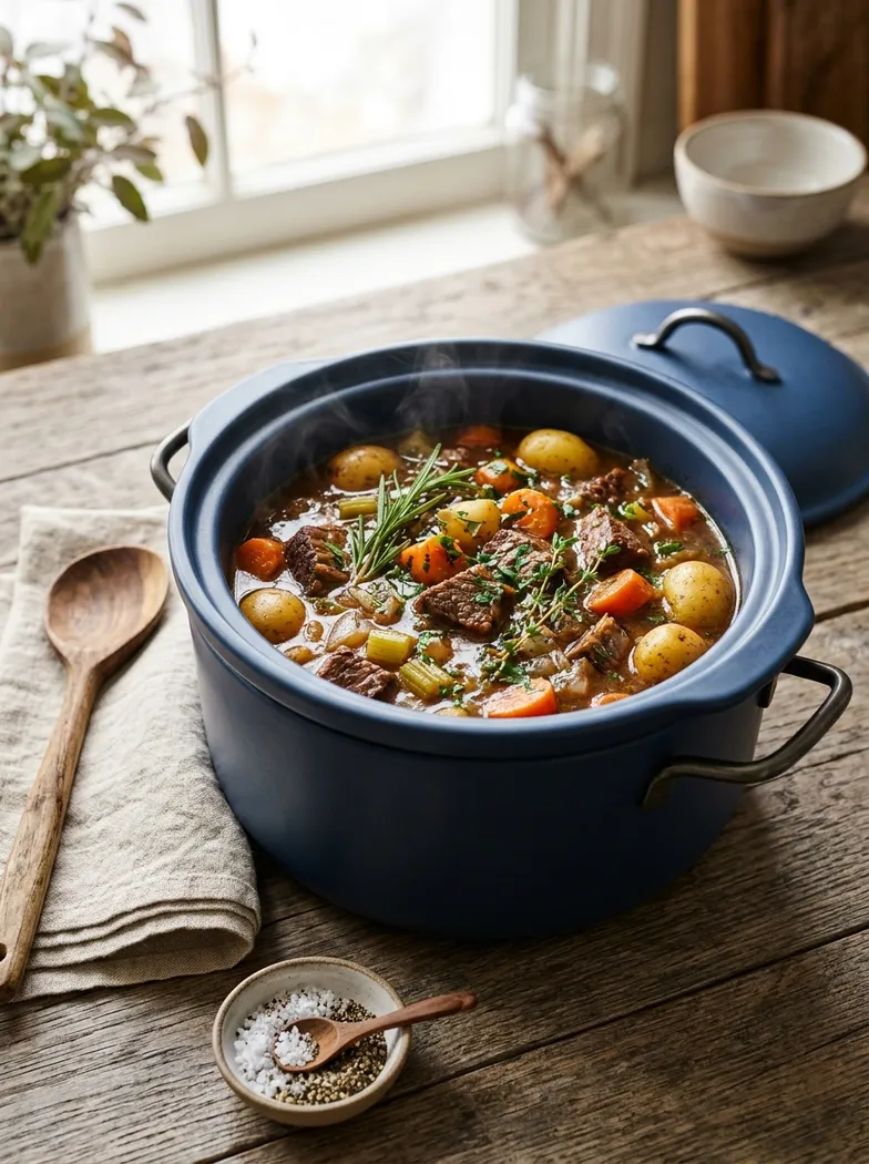 Warm, savory slow-cooked beef stew simmering with tender potatoes, carrots, and garden herbs in a ceramic slow cooker